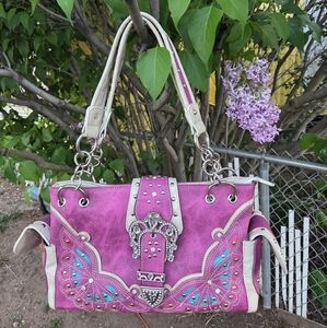 Heritage West Fuchsia Pink Buckle Rhinestone Studs Tote Shoulder Handbag NWOT